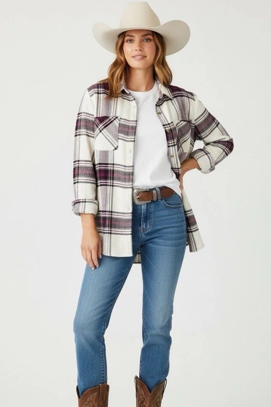 SHYANNE Boot Barn Women's Cream Brown Pink LS Button Down Flannel Shirt XL